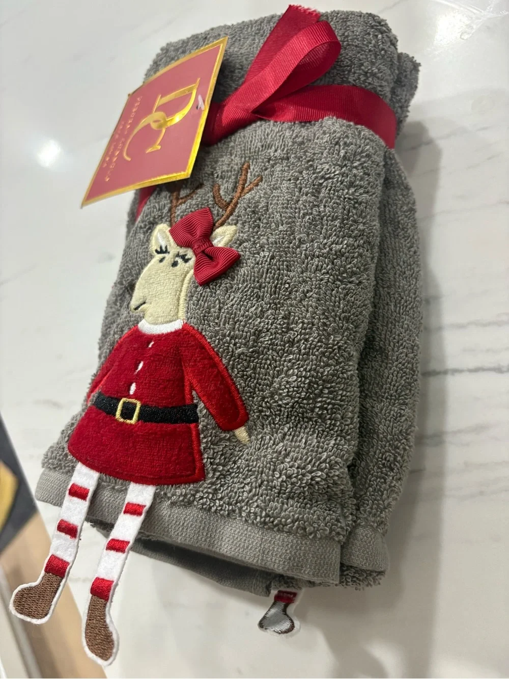 Gray Holiday Reindeer Hand Towel with Red Accent